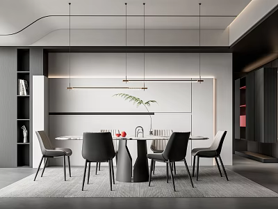 Modern Restaurant Interior Design With Dining Table Chairs Hanging Lights And Decorative Plant 3d model