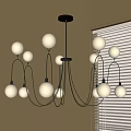 Modern Chandelier With Black Metal Frame And Multiple White Spherical Bulbs In Living Room