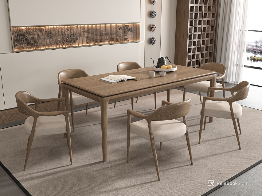 Contemporary Light Wood Dining Table Set With Beige Upholstered Chairs In Minimalist Dining Area 3d model 