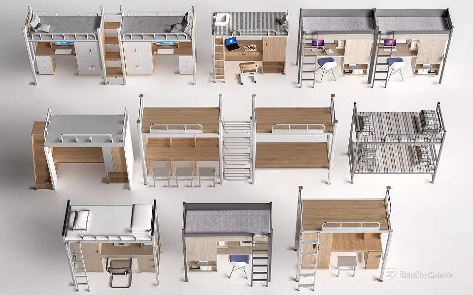Bunk Beds With Various Designs Desk Storage Ladder And Modern Styles 3d model