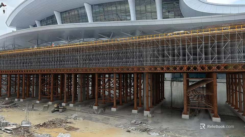Under Construction Building Site With Scaffolding Steel Framework And Columns 3d model 
