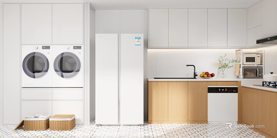 Modern Kitchen Interior With White Cabinets Refrigerator Wooden Countertop Sink And Dishwasher 3d model 