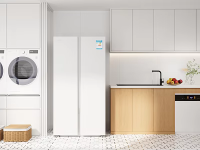 Modern Kitchen Interior With White Cabinets Refrigerator Wooden Countertop Sink And Dishwasher 3d model
