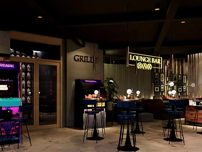 Modern Lounge Bar Interior With Grill Counter Bar Stools And Neon Lighting 3d model