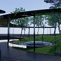 Outdoor Pergola Design with Green Lawn Trees and Curved Pathway and Serene Water Feature