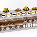 Wooden Display Cabinet With Shelves Drawers Cups Fruits Bowls And Condiments