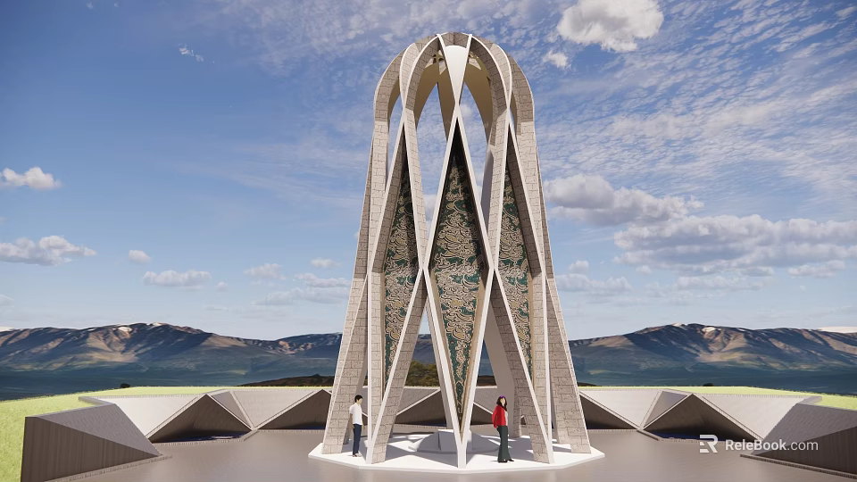 Modern Pergola With Arched Stone Structure Against Mountain And Blue Sky 3d model 