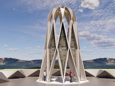 Modern Pergola With Arched Stone Structure Against Mountain And Blue Sky 3d model