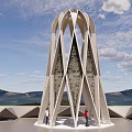 Modern Pergola With Arched Stone Structure Against Mountain And Blue Sky