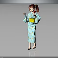 Red Haired Girl In Blue Kimono Holding Red Apple With Yellow Obi And Gray Background