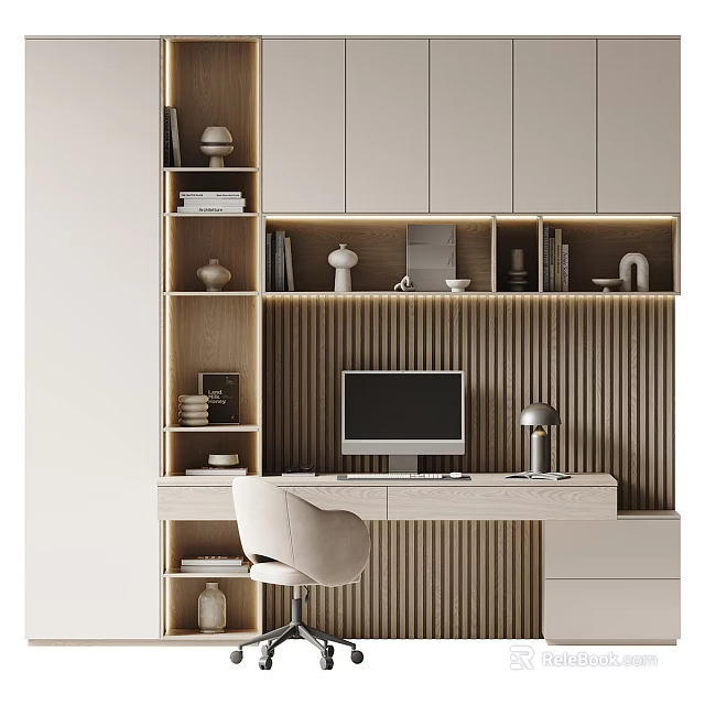 Modern Home Office Desk and Chair Set with Wooden Wall Shelves Computer and Decorative Books 3d model 