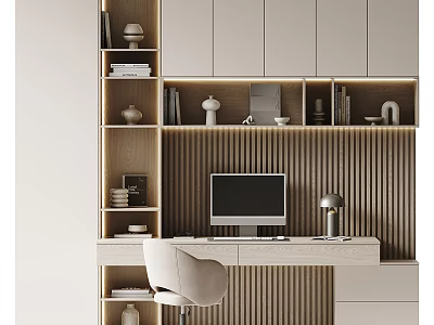 Modern Home Office Desk and Chair Set with Wooden Wall Shelves Computer and Decorative Books 3d model