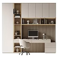 Modern Home Office Desk and Chair Set with Wooden Wall Shelves Computer and Decorative Books