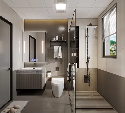 Modern Bathroom Interior Design With Vanity Toilet Shower And Recessed Lighting 3d model