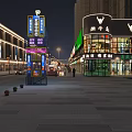 Vibrant Commercial Street At Night With Shops Pedestrians And Outdoor Seating