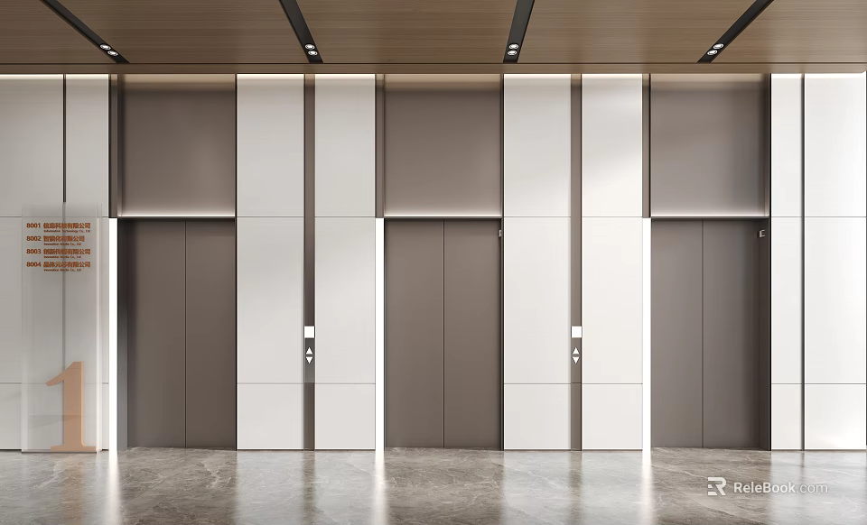 Modern Elevator Lobby With Gray And White Panel Walls Wooden Ceiling Recessed Lighting Polished Floor 3d model 