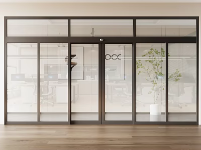 Modern Office Interior Featuring Glass Swing Door Wooden Floor And Plant 3d model