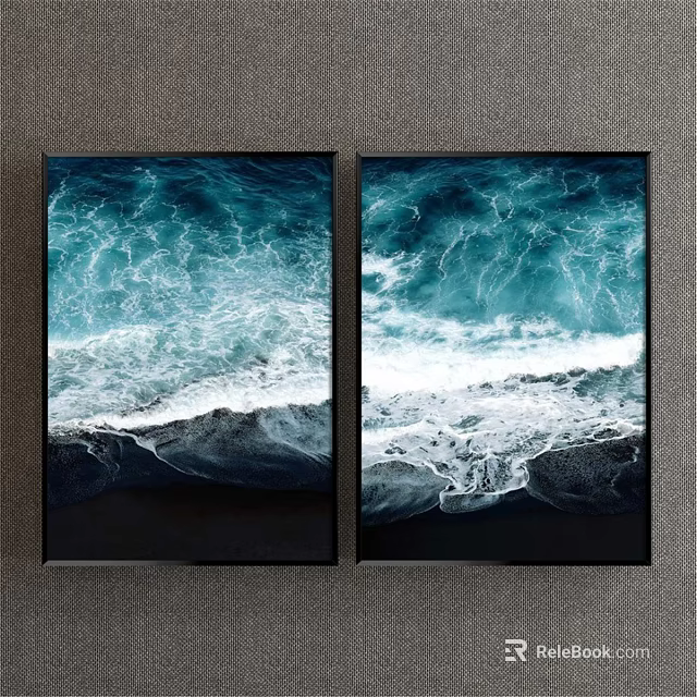 Two Panel Ocean Wave Wall Art With Blue White Waves And Black Frames 3d model