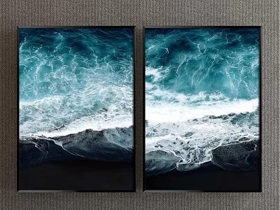 Two Panel Ocean Wave Wall Art With Blue White Waves And Black Frames 3d model