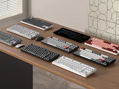 Various Digital Keyboards With Different Colors And Styles On Wooden Desk 3d model