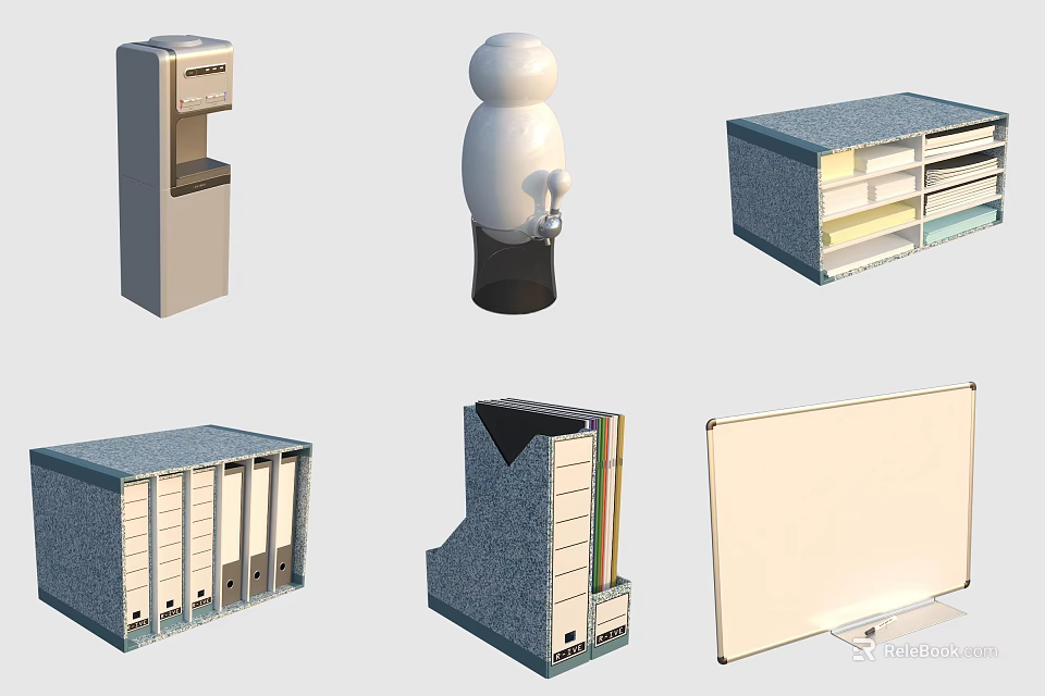 Diverse Office Items Featuring Water Dispenser Vending Machine Filing Cabinets And Whiteboard 3d model 