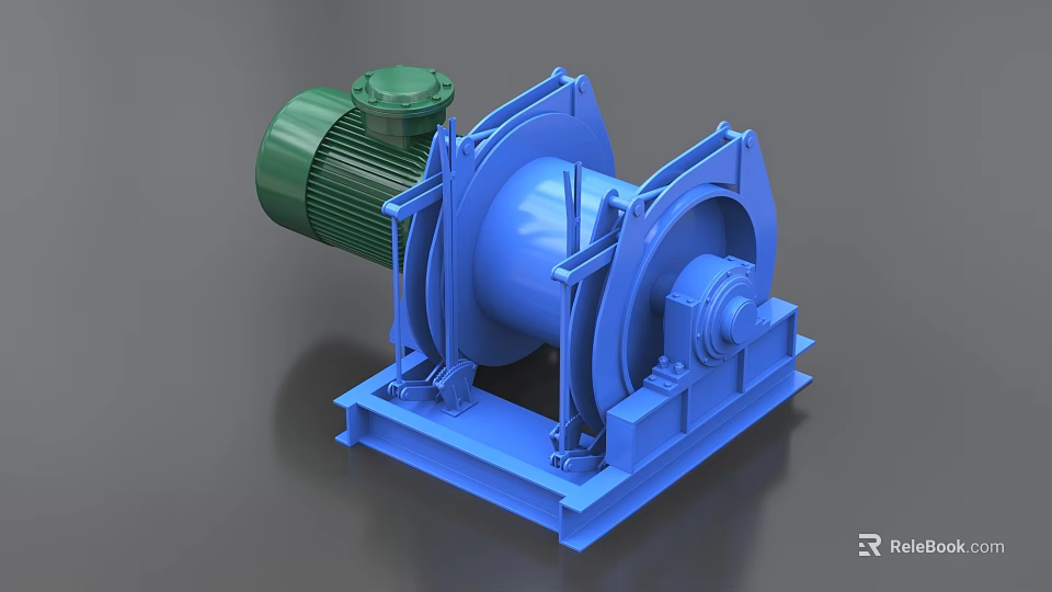 Blue Industrial Winch With Green Motor And Sturdy Base For Heavy Duty Industrial Use 3d model 