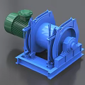 Blue Industrial Winch With Green Motor And Sturdy Base For Heavy Duty Industrial Use