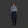 Red Haired Girl In Blue Sweater And Plaid Skirt Holding Flower Bouquet Against Gray Background