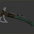 Handcrafted Metal Axe With Green Wooden Handle And Brown Leather Binding