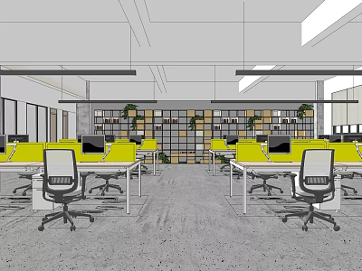 Modern Public Office Space With Open Layout Yellow Desks Black Chairs Bookshelves And Green Plants 3d model
