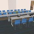 White Conference Table With Blue Chairs And Potted Plant In Modern Office Meeting Room