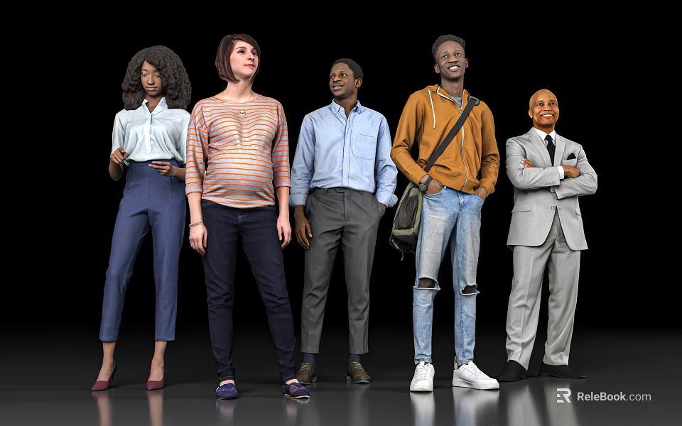 Diverse Group Of Five People Standing Together With Various Outfits 3d model 