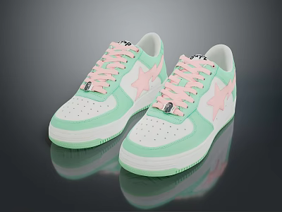 Stylish Casual White And Light Green Sneakers With Pink Star Pattern And Laces 3d model