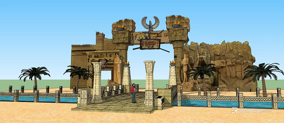 Egyptian Style Entrance Gate With Stone Pillars Statues Palm Trees And Water Pools 3d model 