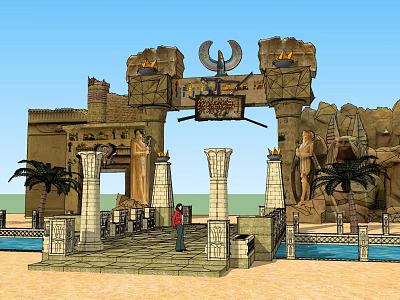 Egyptian Style Entrance Gate With Stone Pillars Statues Palm Trees And Water Pools 3d model