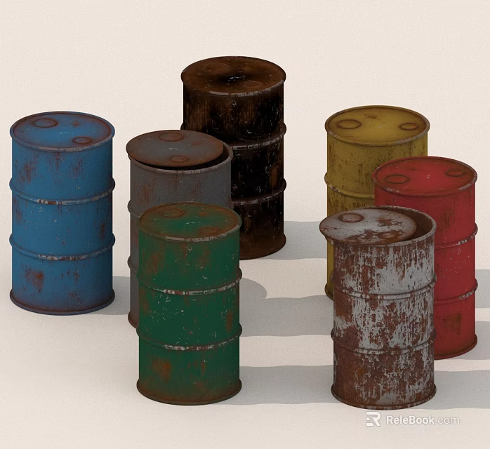 Different Colored Rusty Oil Drums Arranged for Industrial Style Decor 3d model 