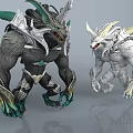 Game and Movie Fantasy Characters With Dark Armor Green Accents and White Horned Creature Design