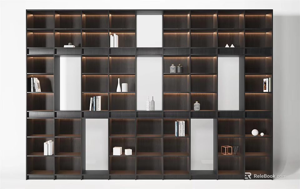 Modern Dark Wood Decorative Cabinet With Multiple Shelves Mirror Panels And Built In Lighting 3d model 