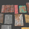 Various Colored Corrugated Metal Sheets With Rusted Textures On Dark Background