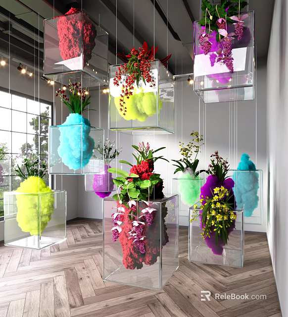 Art Installation With Transparent Cubes Containing Colorful Flowers And Cotton Elements Hanging And Placed Indoors 3d model 