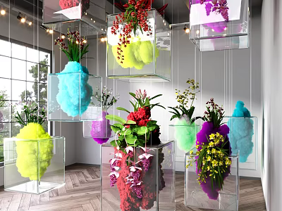 Art Installation With Transparent Cubes Containing Colorful Flowers And Cotton Elements Hanging And Placed Indoors 3d model