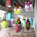 Art Installation With Transparent Cubes Containing Colorful Flowers And Cotton Elements Hanging And Placed Indoors