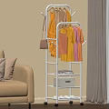 White Rolling Clothes Rack With Hanging Dresses Handbag Drawer And Shoes In Living Room