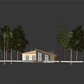 Cartoon Style Cozy Scene Featuring Small House Brown Roof Green Grass Trees And Pathway