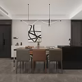 Modern Living and Dining Room With Black Sofa Coffee Tables TV Fireplace and Mountain View