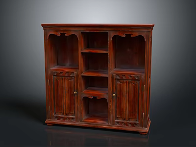 Dark Brown Wooden Bookcase With Carved Design Cabinet Doors And Open Shelves 3d model