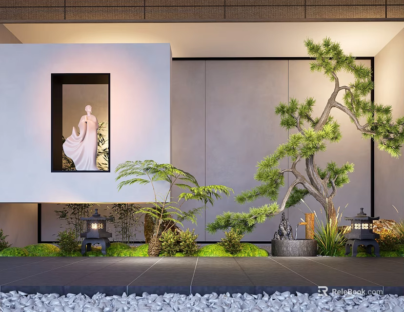 Modern Indoor Landscape With Pine Tree Lanterns Stone Path And Lush Green Plants 3d model