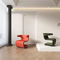 Modern Red and Green Leisure Chairs with Large Windows Wooden Flooring and White Walls