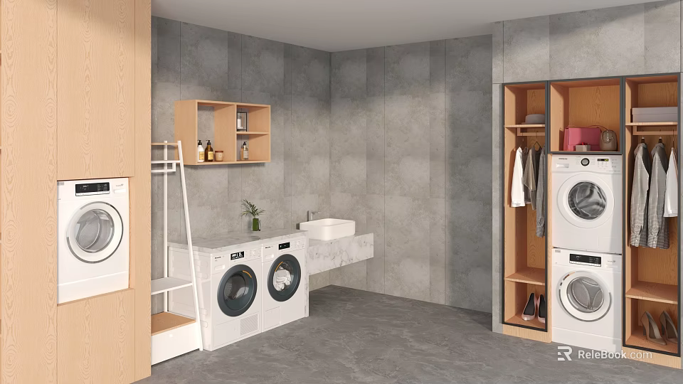 Modern Laundry Room with Washing Machine Dryer Sink Gray Walls and Wooden Cabinets 3d model 