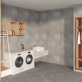 Modern Laundry Room with Washing Machine Dryer Sink Gray Walls and Wooden Cabinets
